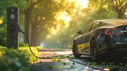 Sustainable living demonstrated with an electric car being charged amidst a sunlit, tree-lined street.