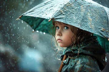 girl with an umbrella in his hands stands in the rain near the wall - obrazy, fototapety, plakaty