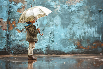 boy with an umbrella in his hands stands in the rain near the wall