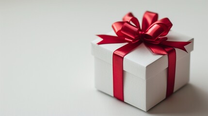 A white gift box with a red ribbon bow, isolated on a white background