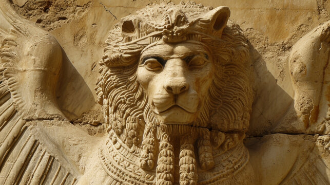 A winged lion with a human face representing the angels of the throne in ancient Near Eastern beliefs.