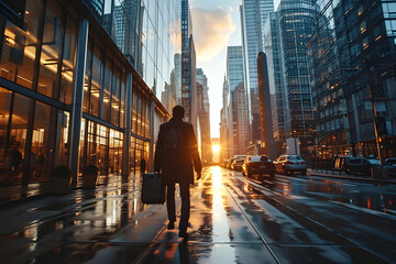 silhouette of business traveler man with luggage bag on city street