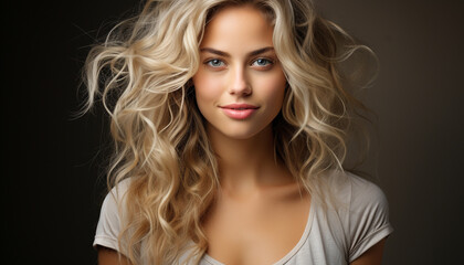 Beautiful woman with long blond curly hair looking at camera generated by AI