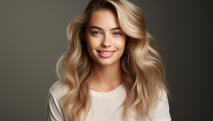 Fototapeta premium Young adult woman with long blond curly hair smiling at camera generated by AI