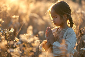 beautiful girl with folded hands prays to God in a wheat field. Christianity and religion