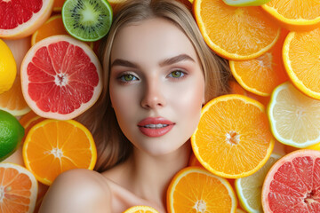 potrait of beautiful woman with sliced healthy fruits