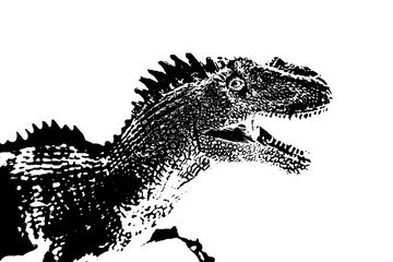 black dinosaur silhouette isolated on white background, model of giganotosaurus toy