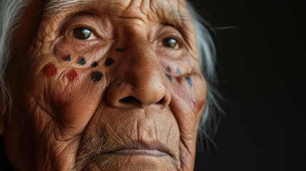 Obraz premium A portrait of a Native American elder their face a map of their ancestral history and culture.
