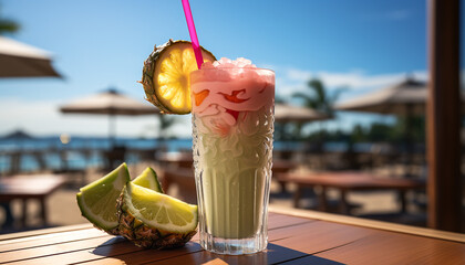 Refreshing summer cocktail with fresh fruit, ice, and citrus slices generated by AI