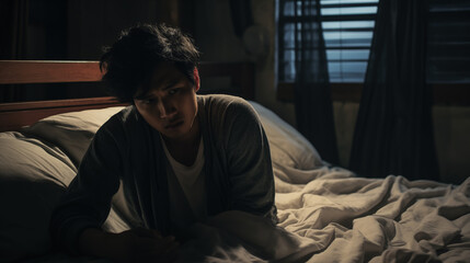 Fototapeta na wymiar A poignant moment unfolds as a depressed young Asian man sits in bed, his face expressing the weight of insomnia