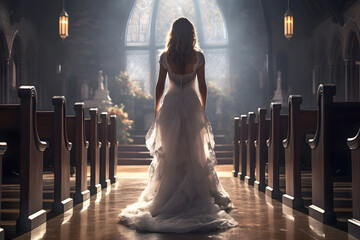 woman in a wedding dress goes to the altar in the church hall. religion and christianity - 726050350