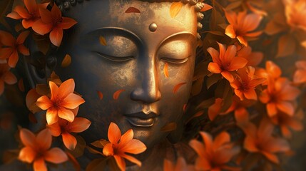The tranquil face of a Buddha statue exudes serenity, nestled amidst a vibrant glow of warm orange marigold flowers.