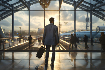 Businessman traveler with luggage waiting in the airport hall - obrazy, fototapety, plakaty