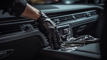 A close-up moment of male hands cleaning and polishing the interior of a car emphasizing the car's dashboard to a pristine condition