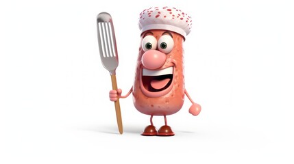 Sausage mascot cartoon character wearing a hat and holding a spatula and fork utensil for cooking	
