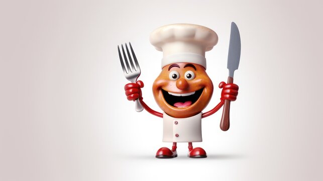 Sausage mascot cartoon character wearing a hat and holding a knife and fork utensil for cooking	
