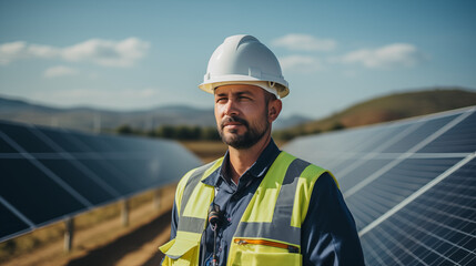 A dedicated solar power plant engineer confidently stands in front of a vast field of photovoltaic panels, wearing a protective helmet and high-visibility vest