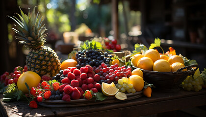 Fresh, healthy fruit grape, pineapple, orange, strawberry, lemon, lime, raspberry, tomato, banana, melon generated by AI