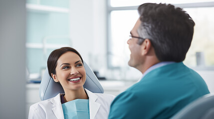 Obraz premium The candid dental technician smiles and communicates with the patient