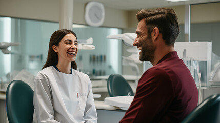 Obraz premium a female smiling dentist talking with a male client in a hospital