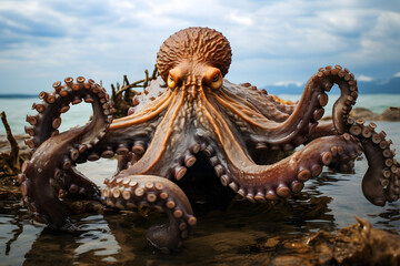 Obraz premium large octopus swims in the ocean. marine fauna. underwater animals