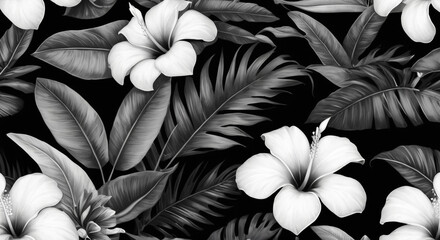 Black and White Tropical Floral Pattern