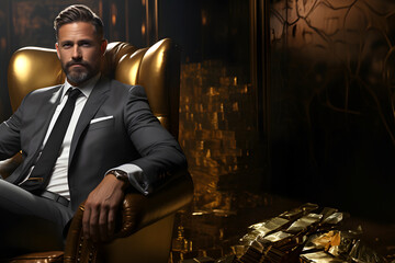 Rich businessman in the office with many gold bars. financial success of business tycoons