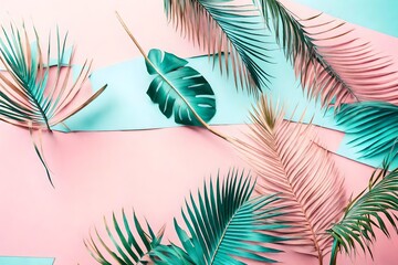 Fototapeta na wymiar ainted palm leaves on pastel pink and blue background with copy space. Tropical summer concept. Minimal flat lay