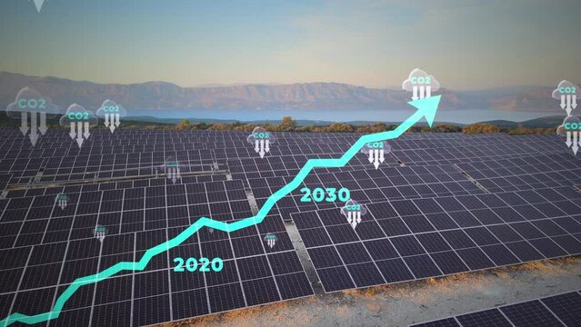Net zero emission graph reducing CO2 emission until 2050 using solar panels and sustainable power sources. 3D render animation