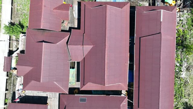 The drone focuses on taking from the bottom to the top of the Indonesian Army task force post in Asmat, Papua, Indonesia