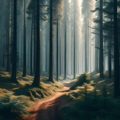 Misty landscape with fir forest in vintage retro style. Generative AI 