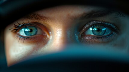 A splitsecond closeup of a drivers eyes filled with adrenaline and determination as they quickly...