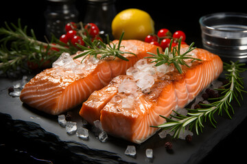 fresh fillet of red fish with herbs and lemon. meat diet. healthy food.