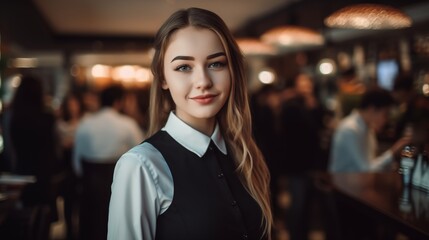 Portrait of young waitress in cafe/restaurant. 