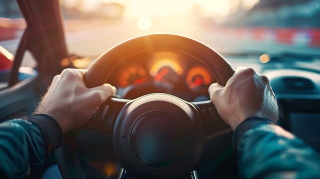 Closeup of a pair of hands gripping a steering wheel knuckles white with tension as the driver awaits the signal to start the race.