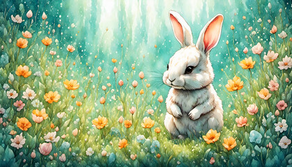 Cute easter bunny with flowers digital art illustration - obrazy, fototapety, plakaty