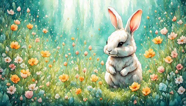 Cute easter bunny with flowers digital art illustration