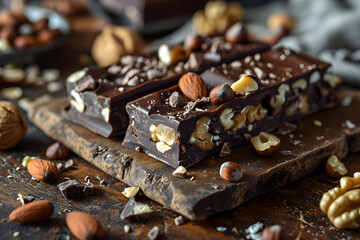 assortment of types of chocolate bar pieces with different nuts. dessert food.