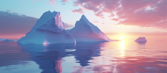 Climate change causes icebergs to melt in the arctic sea, depicted as a 3D illustration at twilight.