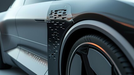 A closeup of the side of a car reveals a set of movable air vents strategically p to release air pressure and increase stability. - obrazy, fototapety, plakaty