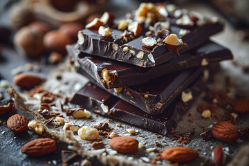 assortment of different types of chocolate bar pieces with nuts. dessert food. - obrazy, fototapety, plakaty