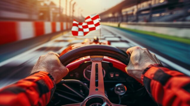 A closeup of a racers hands gripping the steering wheel as they cross the finish line the checkered flag in the background marking the end of their career.