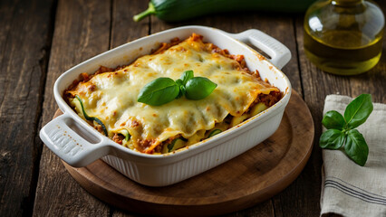Zucchini lasagna from a top view with golden-brown cheese on top and the lush green zucchini peeking through the edges of the plate, set on a rustic dark wooden table