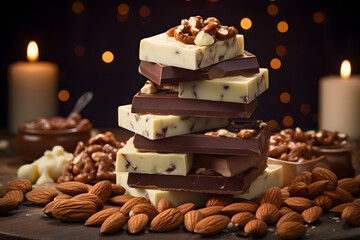 assortment of different types of chocolate bar pieces with nuts. dessert food.