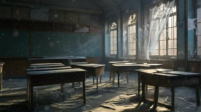 A scene of an abandoned classroom that is dusty and full of spider webs. Horror-themed 4k animated video background. Seamless looping video