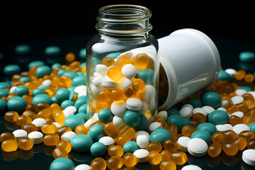 assortment of different medical capsules with vitamins and medicines. pharmacology and medicine