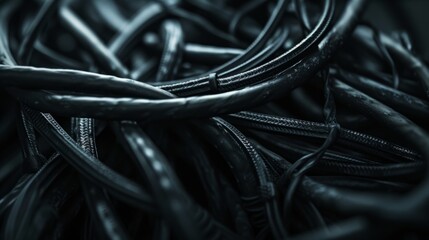 close up of many different dark black cables and wires for connection and plugging in. wallpaper background