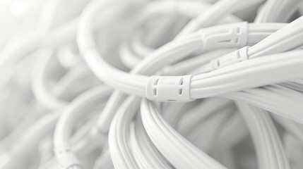 close up of many different white cables and wires for connection and plugging in. wallpaper background