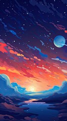 Obraz premium Beautiful Cosmic Scene, Crescent Moon in Sky Galaxy with Planets in the Background, Alien Planet in Space Starry Sky Color Palette, Simple Background