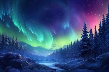 Fototapeta premium Northern Lights, Colorful Aurora Sky Glowing, Fantasy Night Background. Beautiful Forest Winter Landscape with Water Surface. Dramatic Sky, Colorful Wallpaper, Poster, or Banner with Copy Space